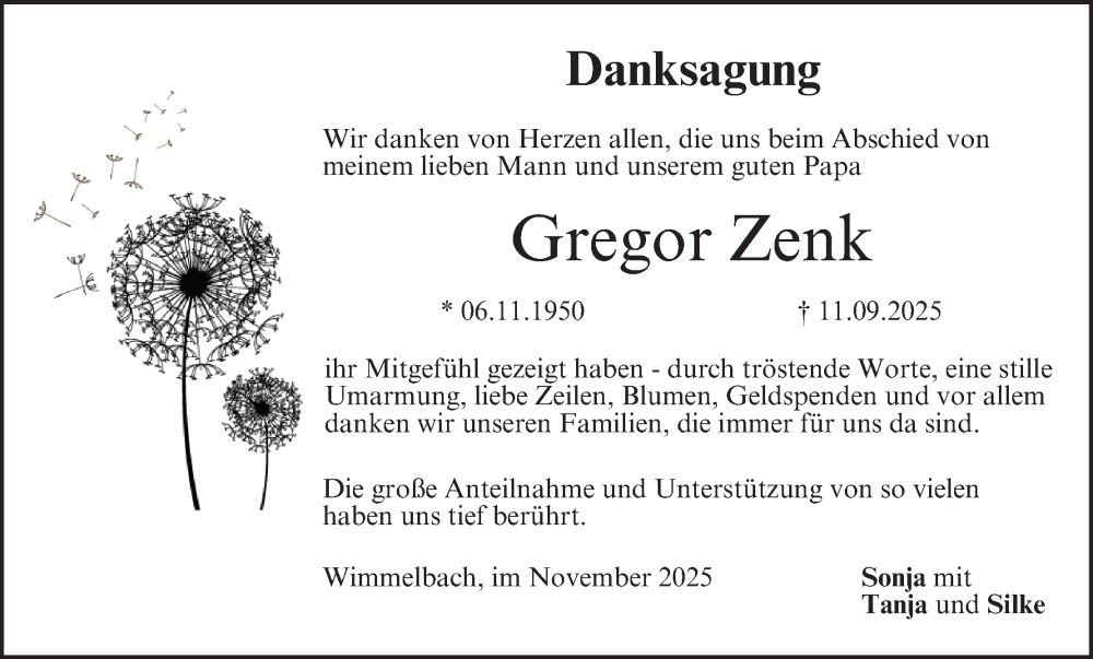  Traueranzeige für Gregor Zenk vom 22.11.2025 aus MGO