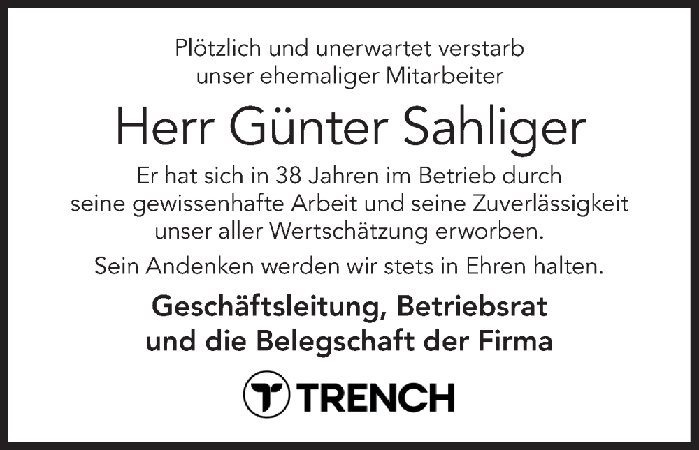  Traueranzeige für Günter Sahliger vom 15.11.2025 aus MGO