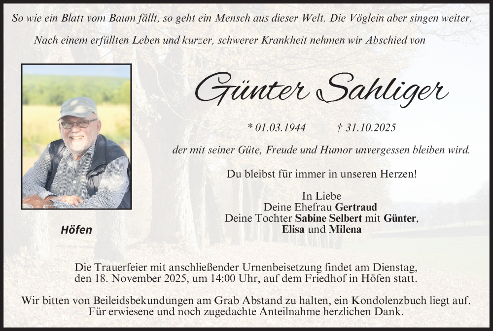  Traueranzeige für Günter Sahliger vom 15.11.2025 aus MGO