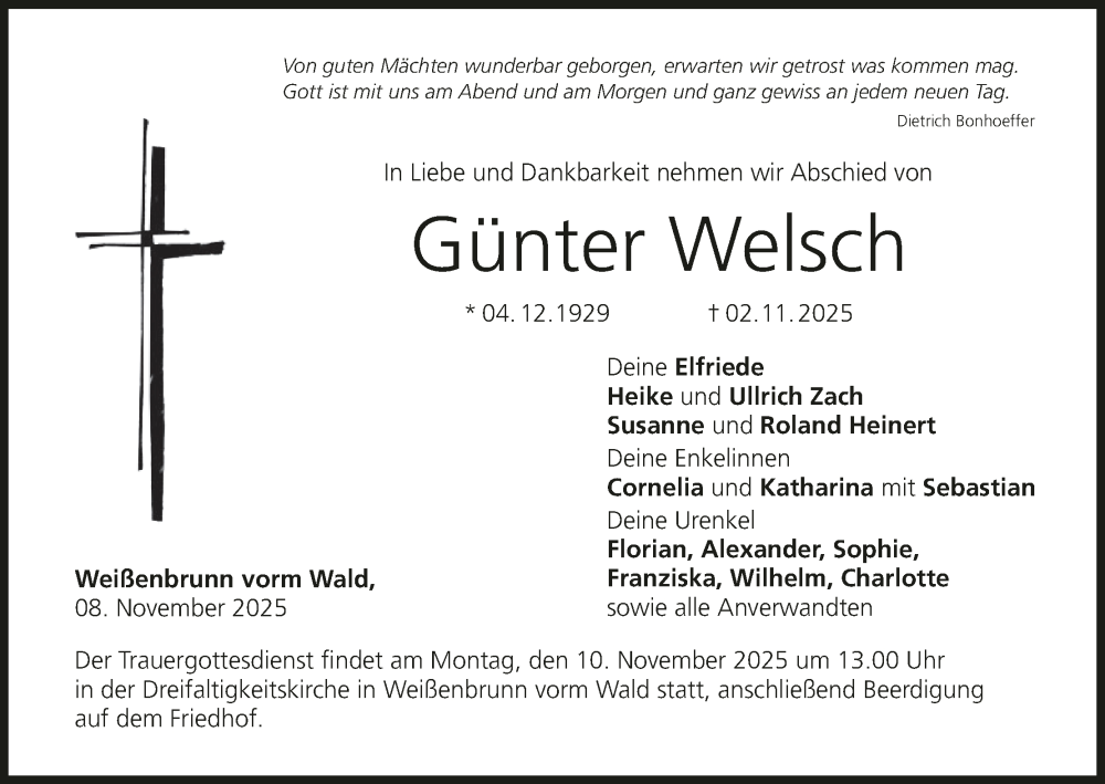  Traueranzeige für Günter Welsch vom 08.11.2025 aus MGO