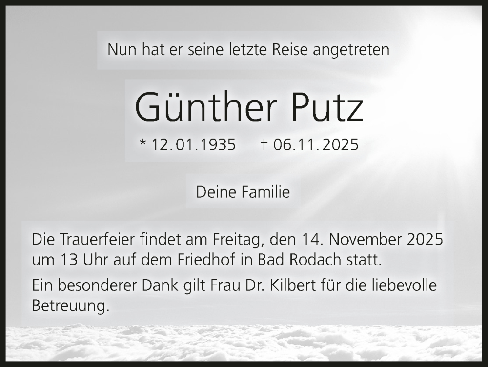  Traueranzeige für Günther Putz vom 08.11.2025 aus MGO