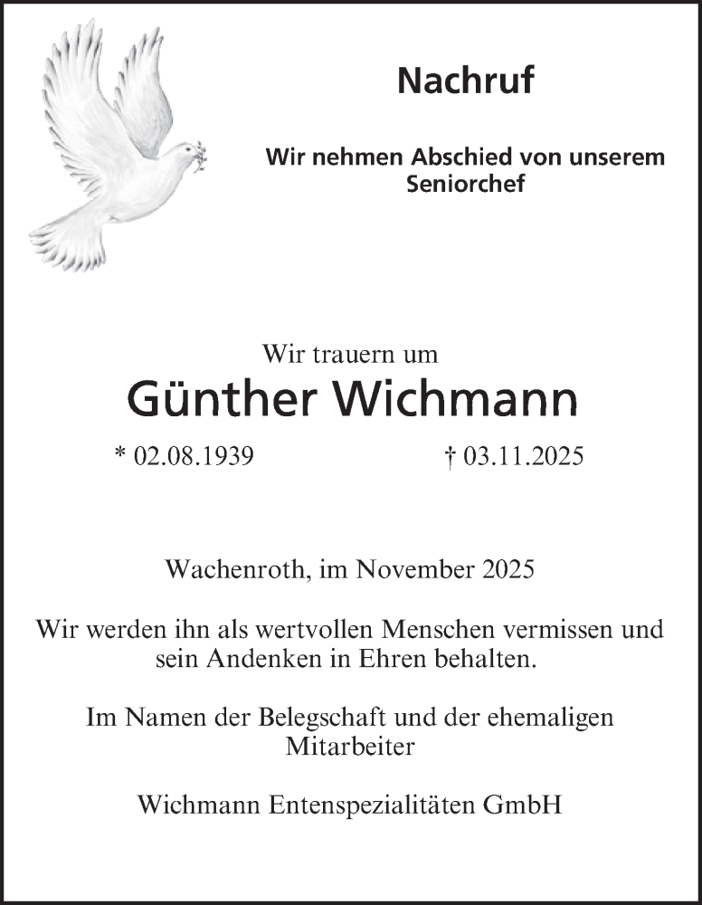  Traueranzeige für Günther Wichmann vom 22.11.2025 aus MGO