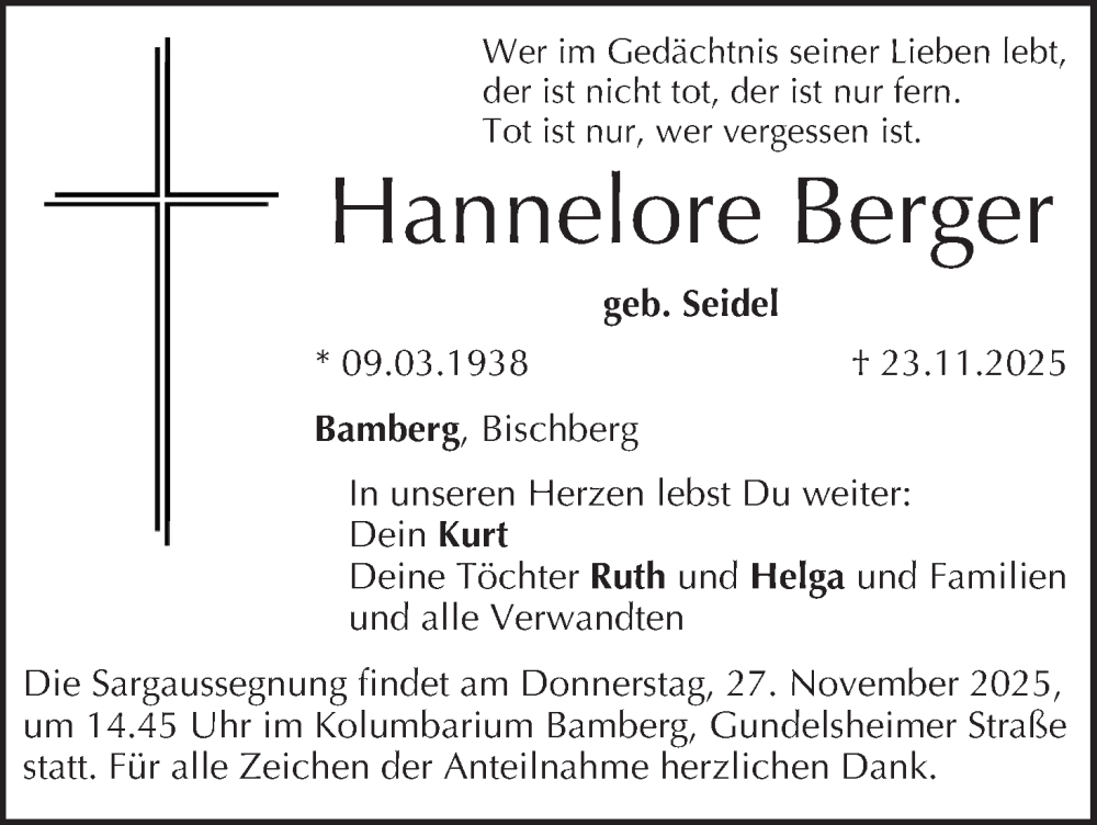  Traueranzeige für Hannelore Berger vom 26.11.2025 aus MGO