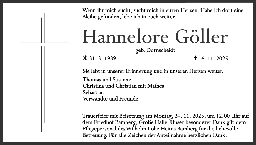  Traueranzeige für Hannelore Göller vom 22.11.2025 aus MGO
