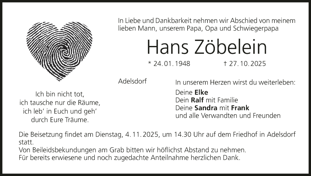  Traueranzeige für Hans Zöbelein vom 04.11.2025 aus MGO