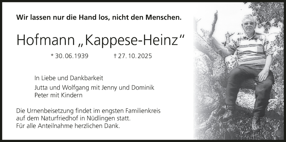  Traueranzeige für Heinz Hofmann vom 08.11.2025 aus MGO
