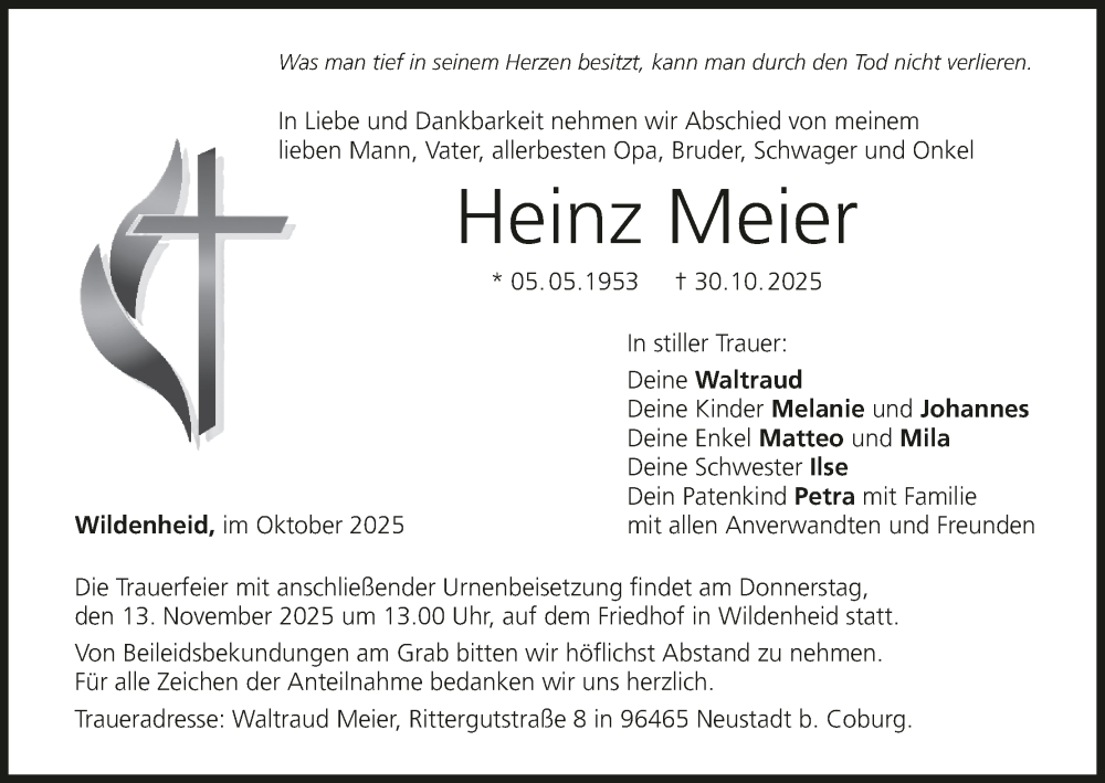  Traueranzeige für Heinz Meier vom 08.11.2025 aus MGO