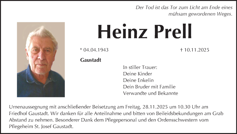  Traueranzeige für Heinz Prell vom 22.11.2025 aus MGO