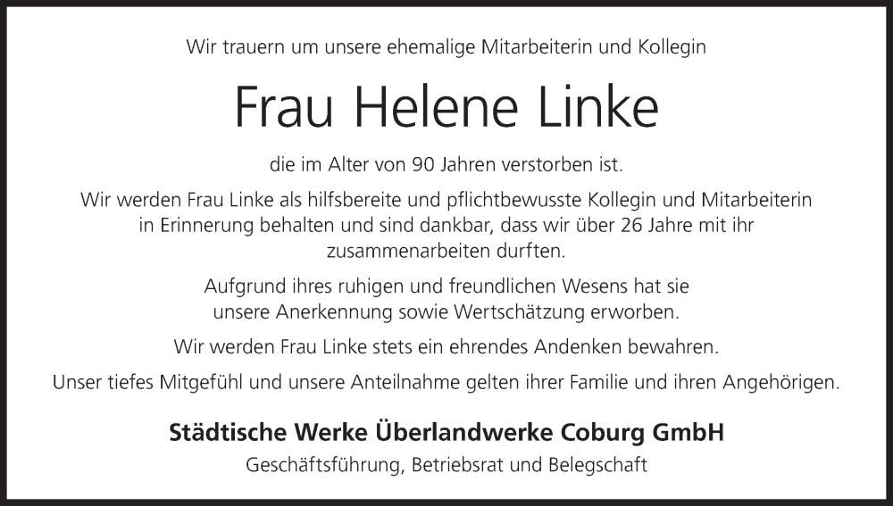  Traueranzeige für Helene Linke vom 22.11.2025 aus MGO
