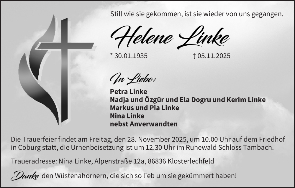  Traueranzeige für Helene Linke vom 15.11.2025 aus MGO