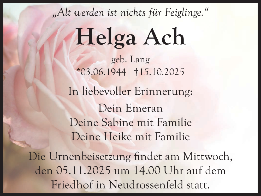  Traueranzeige für Helga Ach vom 31.10.2025 aus MGO