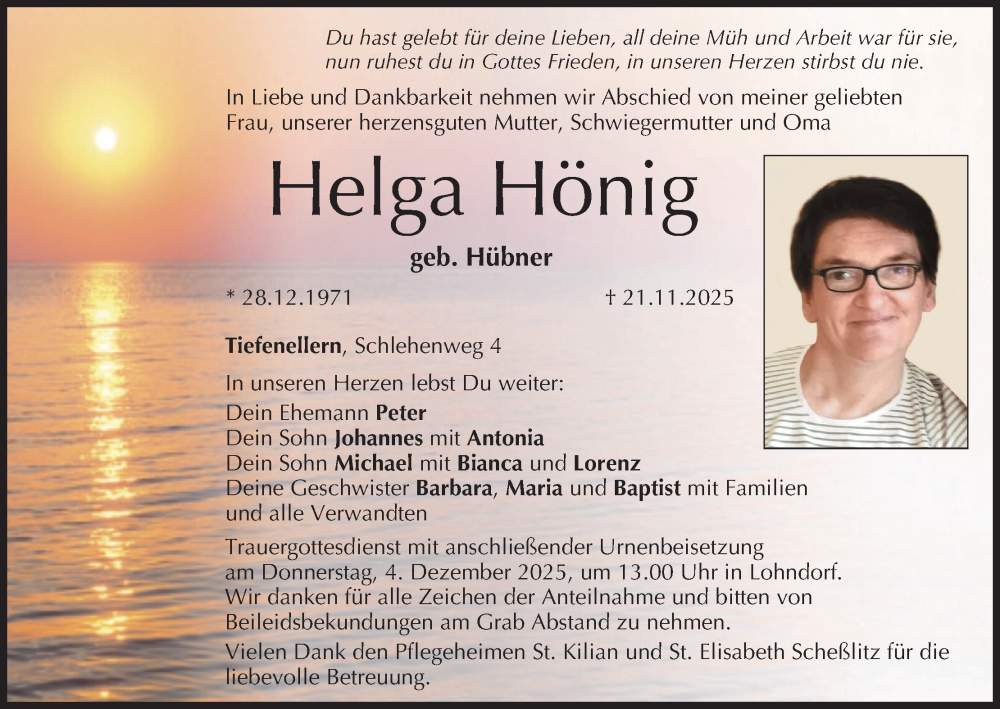  Traueranzeige für Helga Hönig vom 29.11.2025 aus MGO