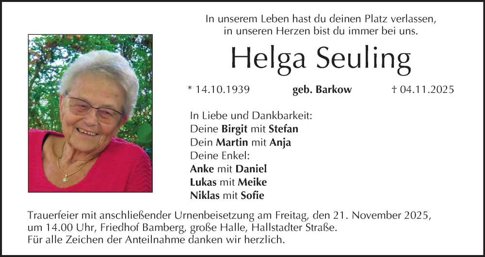  Traueranzeige für Helga Seuling vom 15.11.2025 aus MGO