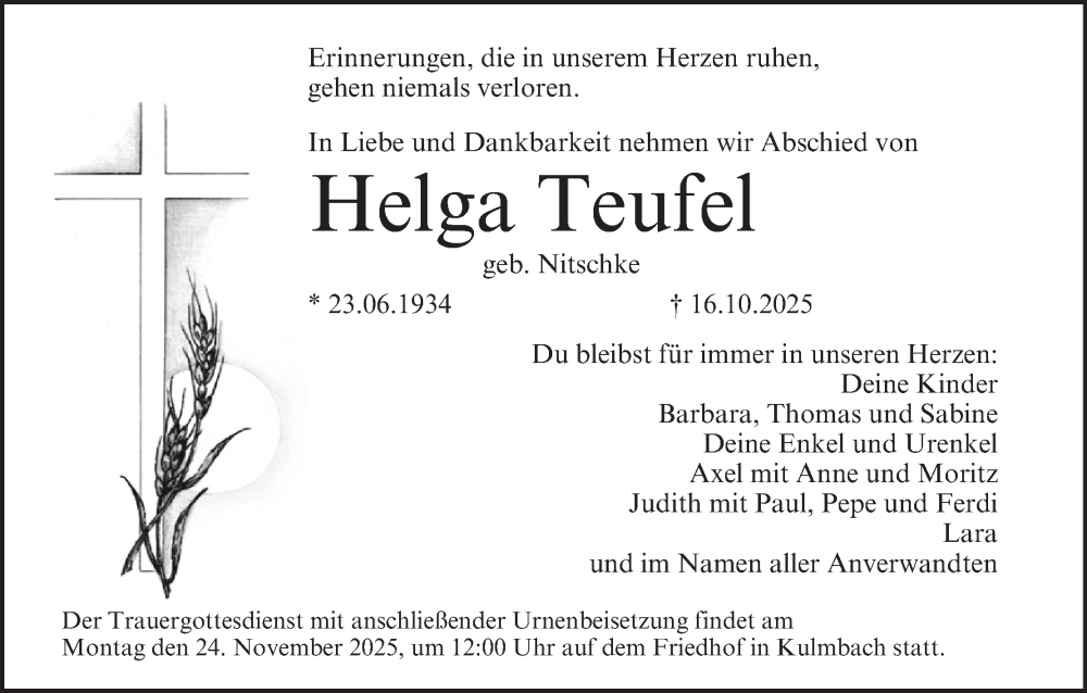  Traueranzeige für Helga Teufel vom 22.11.2025 aus MGO