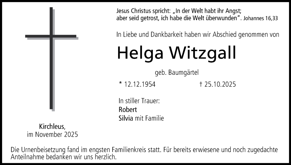  Traueranzeige für Helga Witzgall vom 22.11.2025 aus MGO