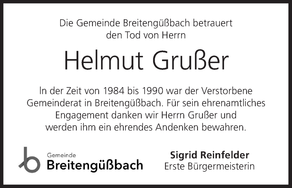  Traueranzeige für Helmut Grußer vom 20.11.2025 aus MGO
