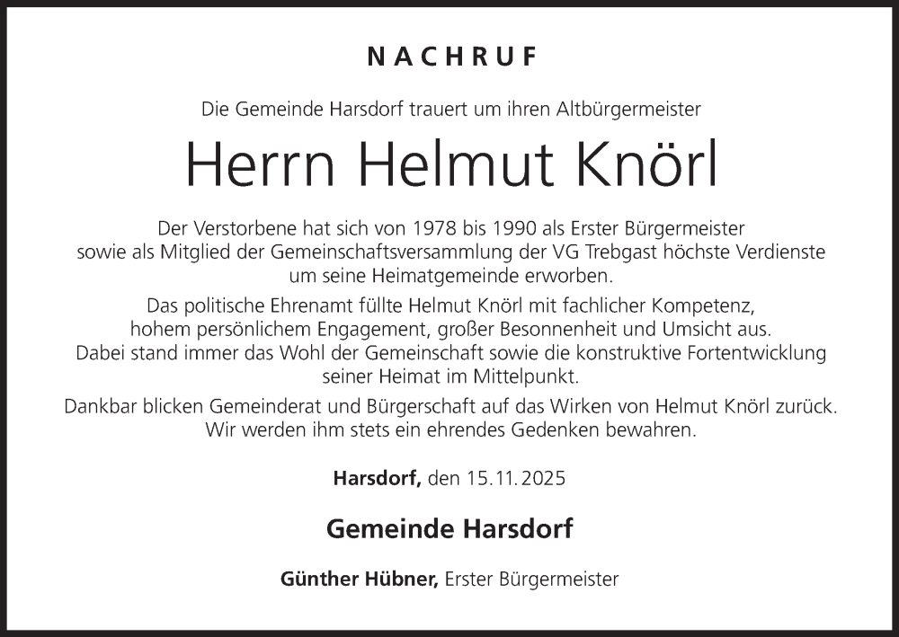  Traueranzeige für Helmut Knörl vom 15.11.2025 aus MGO