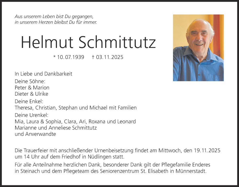  Traueranzeige für Helmut Schmittutz vom 15.11.2025 aus MGO
