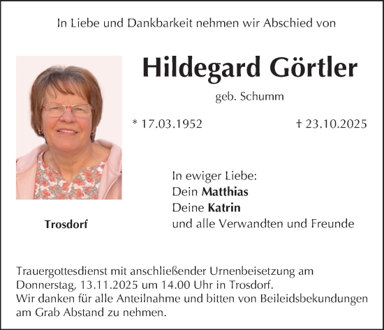 Anzeige von Hildegard Görtler von MGO