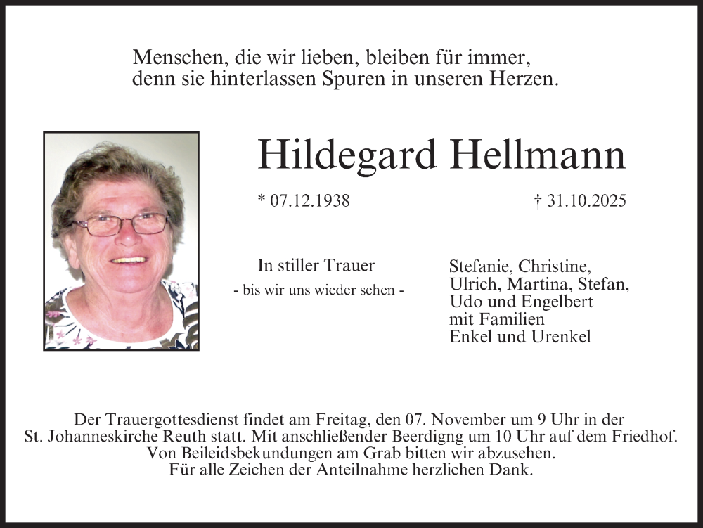  Traueranzeige für Hildegard Hellmann vom 04.11.2025 aus MGO
