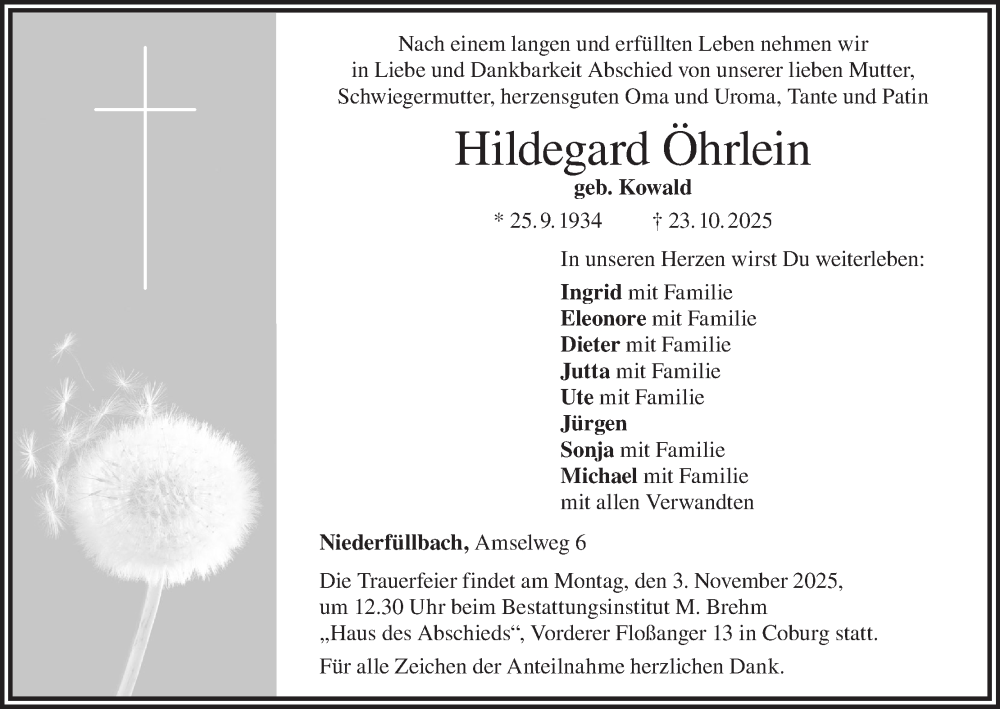  Traueranzeige für Hildegard Öhrlein vom 31.10.2025 aus MGO