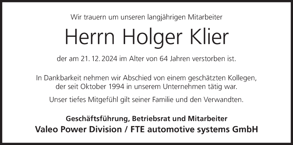 Traueranzeige für Holger Klier vom 22.01.2025 aus MGO