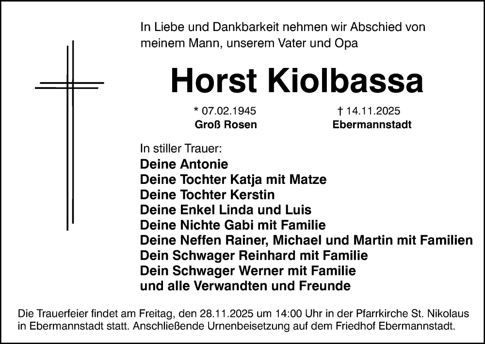  Traueranzeige für Horst Kiolbassa vom 26.11.2025 aus MGO