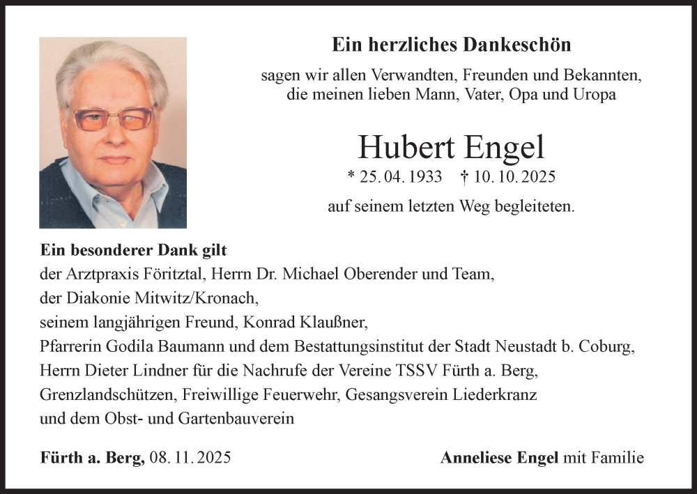  Traueranzeige für Hubert Engel vom 08.11.2025 aus MGO