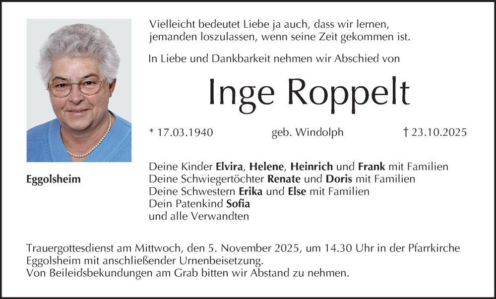  Traueranzeige für Inge Roppelt vom 31.10.2025 aus MGO