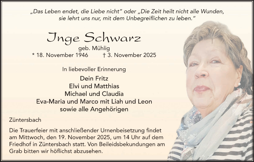  Traueranzeige für Inge Schwarz vom 15.11.2025 aus MGO