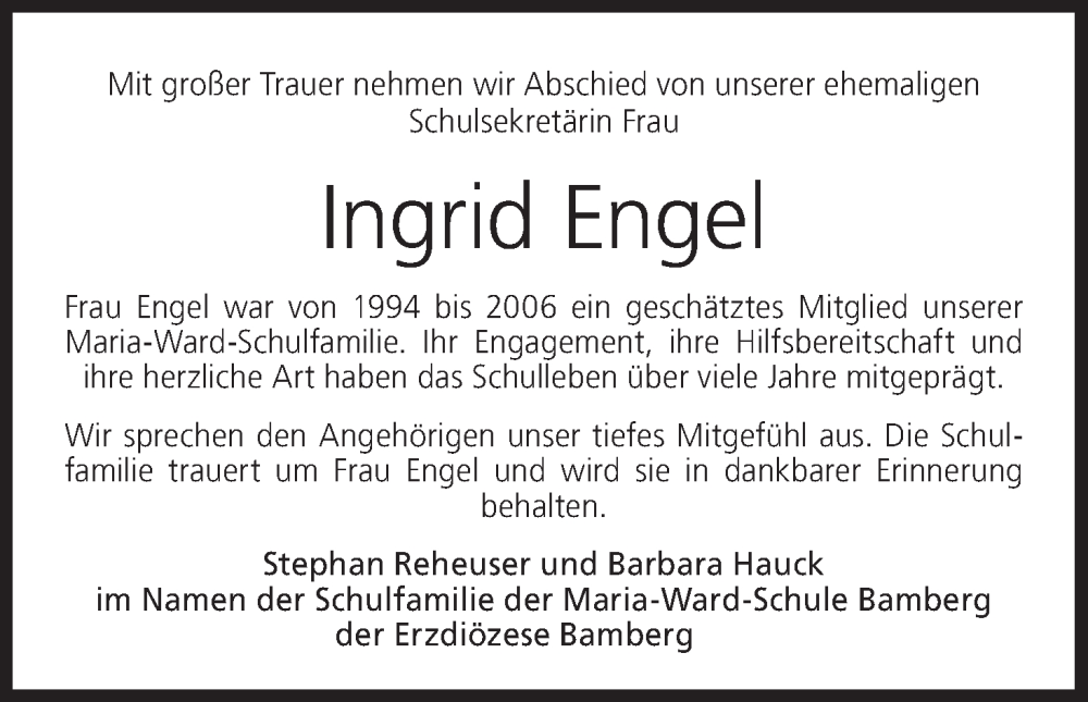  Traueranzeige für Ingrid Engel vom 25.11.2025 aus MGO