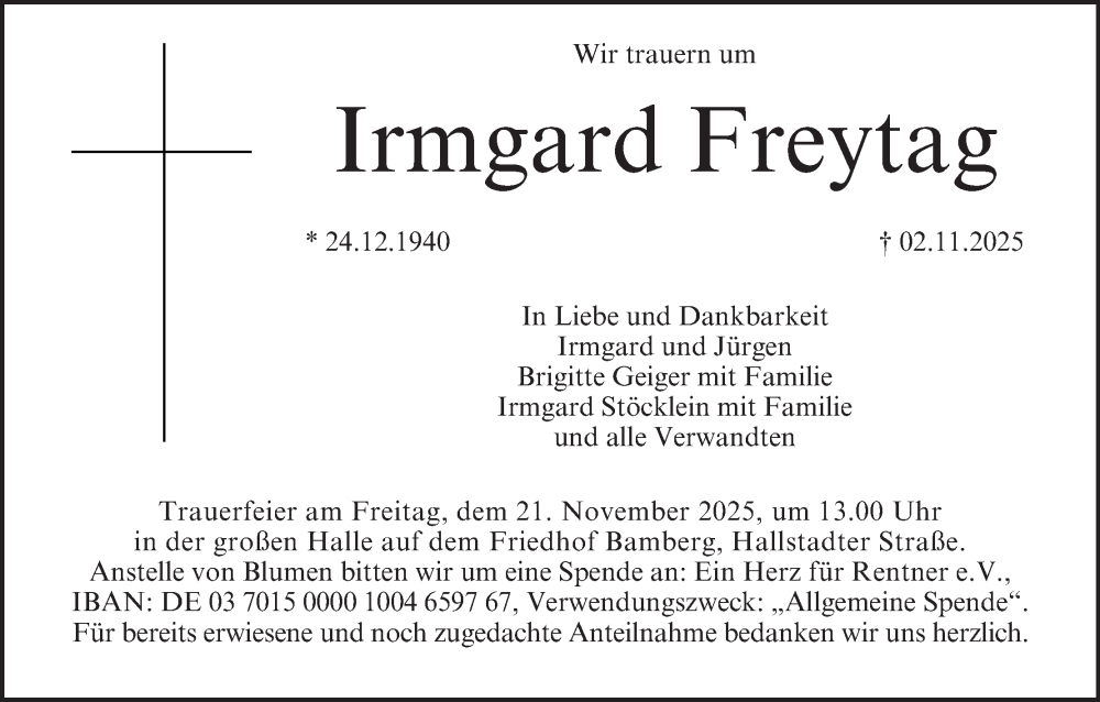  Traueranzeige für Irmgard Freytag vom 15.11.2025 aus MGO