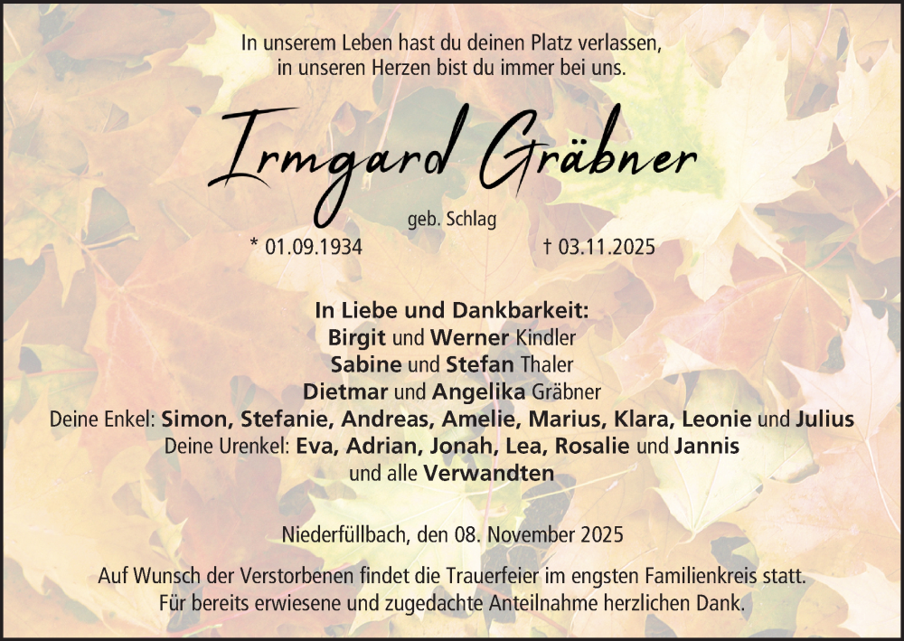  Traueranzeige für Irmgard Gräbner vom 08.11.2025 aus MGO
