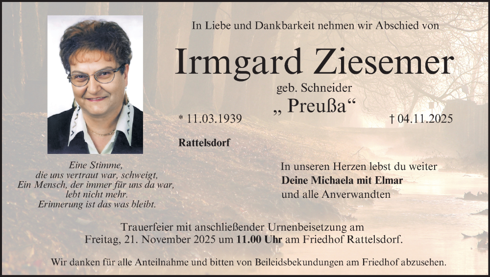  Traueranzeige für Irmgard Ziesemer vom 15.11.2025 aus MGO