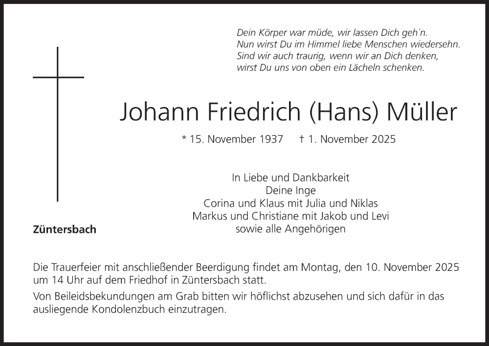  Traueranzeige für Johann Friedrich Müller vom 08.11.2025 aus MGO