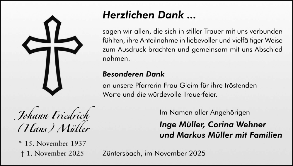  Traueranzeige für Johann Friedrich Müller vom 29.11.2025 aus MGO