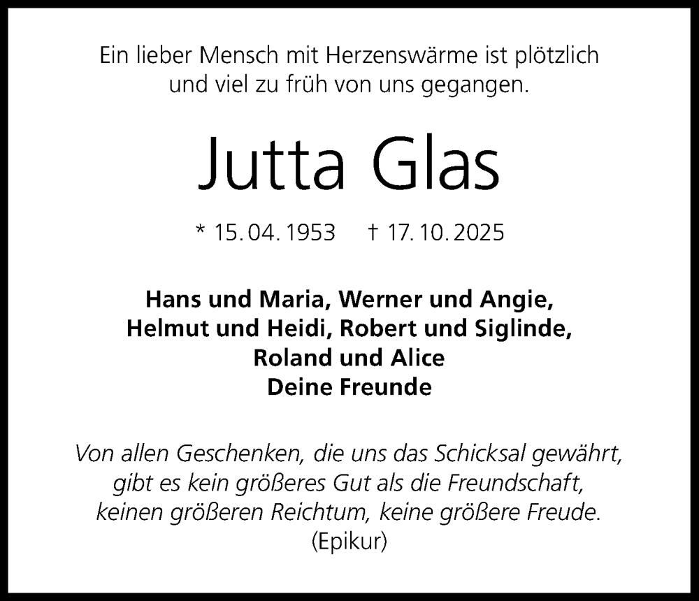  Traueranzeige für Jutta Glas vom 06.11.2025 aus MGO