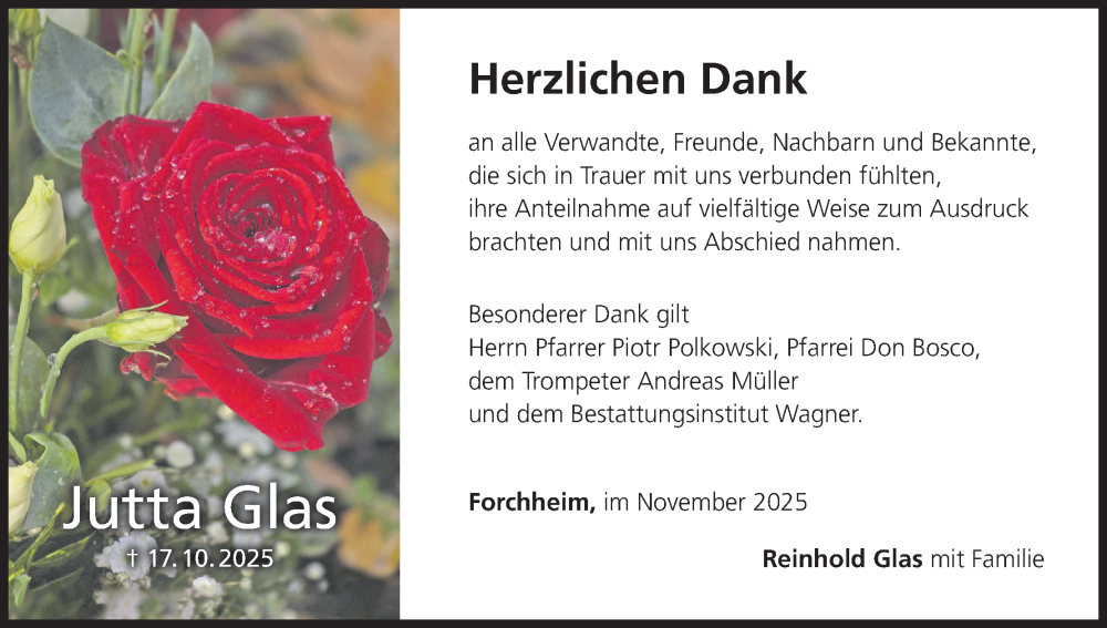  Traueranzeige für Jutta Glas vom 22.11.2025 aus MGO