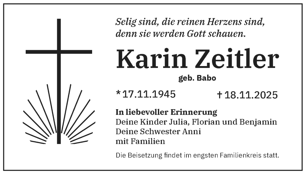  Traueranzeige für Karin Zeitler vom 22.11.2025 aus MGO
