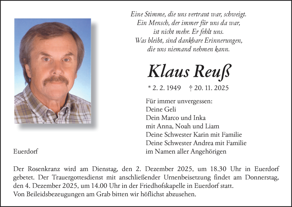  Traueranzeige für Klaus Reuß vom 29.11.2025 aus MGO