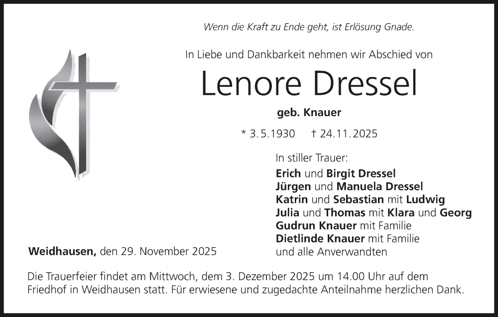 Traueranzeige für Lenore Dressel vom 29.11.2025 aus MGO