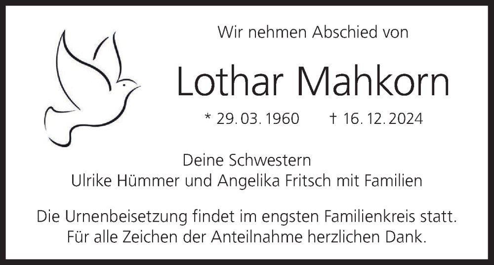  Traueranzeige für Lothar Mahkorn vom 22.01.2025 aus MGO