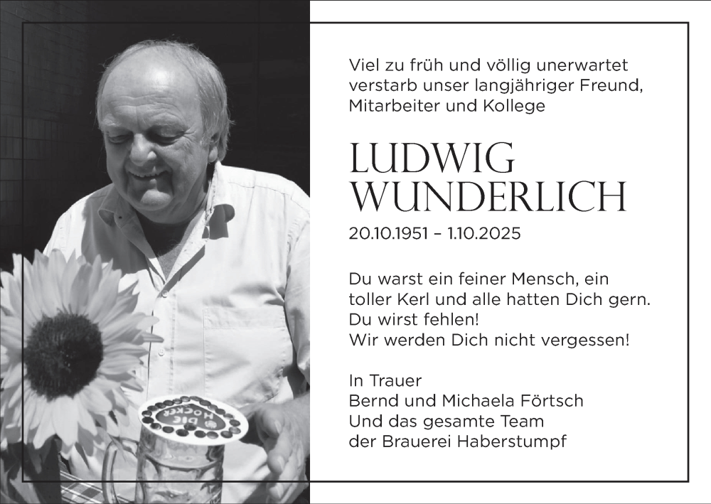  Traueranzeige für Ludwig Wunderlich vom 22.11.2025 aus MGO