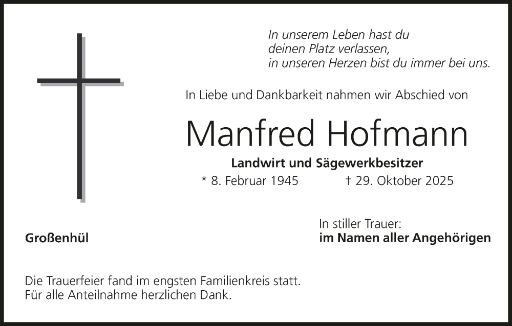  Traueranzeige für Manfred Hofmann vom 29.11.2025 aus MGO
