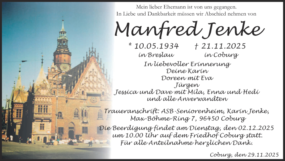  Traueranzeige für Manfred Jenke vom 29.11.2025 aus MGO