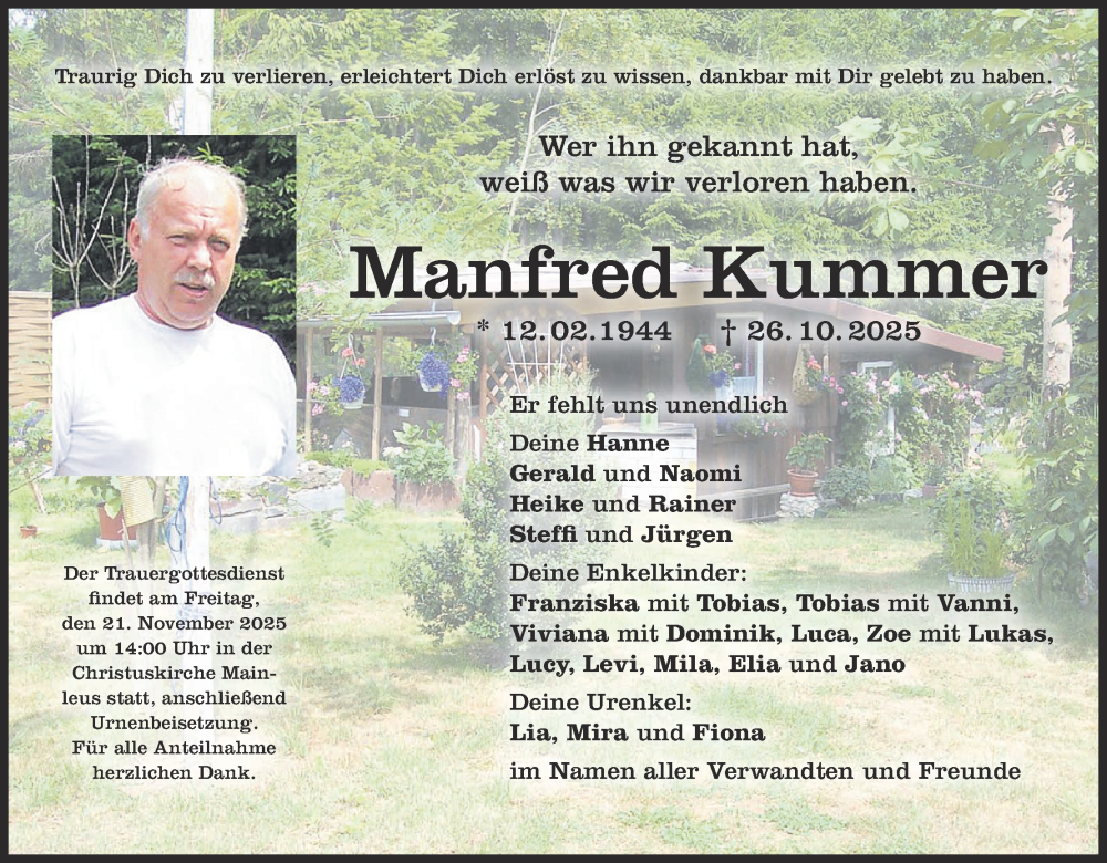  Traueranzeige für Manfred Kummer vom 15.11.2025 aus MGO