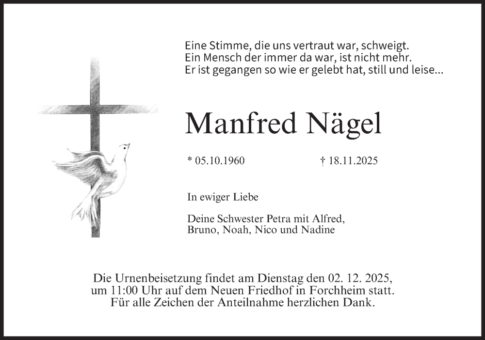 Traueranzeige für Manfred Nägel vom 29.11.2025 aus MGO