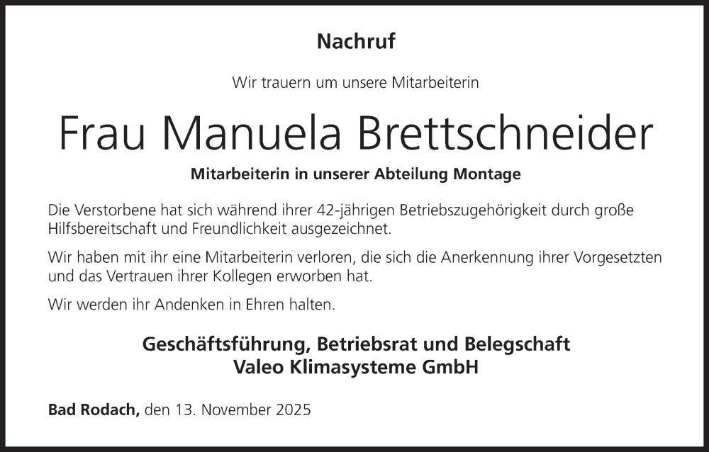  Traueranzeige für Manuela Brettschneider vom 13.11.2025 aus MGO