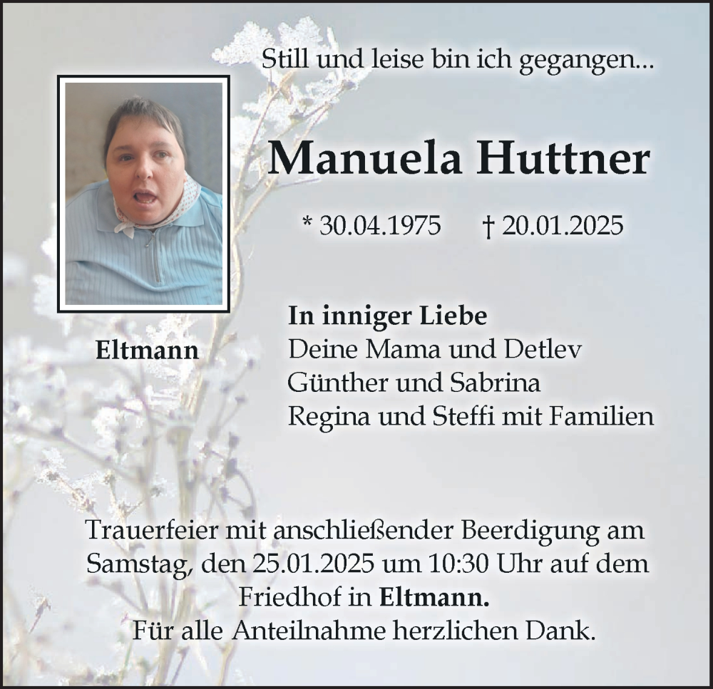  Traueranzeige für Manuela Huttner vom 23.01.2025 aus MGO