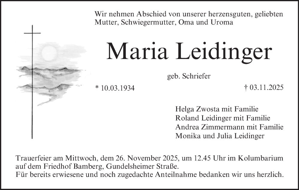  Traueranzeige für Maria Leidinger vom 22.11.2025 aus MGO